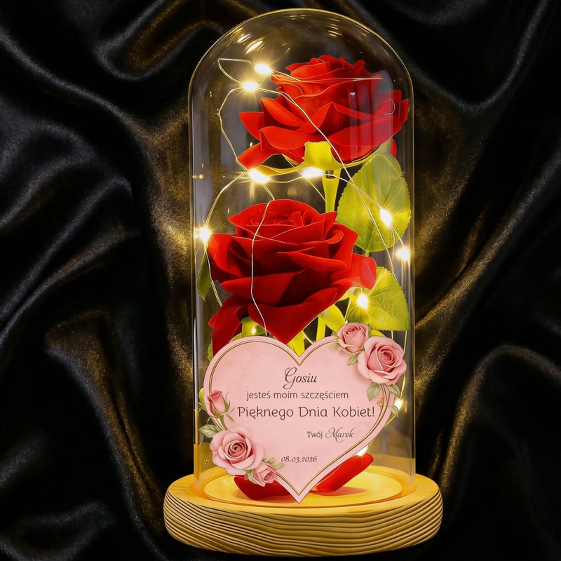 Podwójna róża w szklanej kopule z ciepłym LED na drewnianej podstawie i personalizowaną dedykacją – prezent na Dzień Kobiet