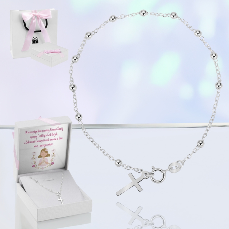 Na I Komunię Św. bransoletka 10-tka różańca srebro 925 z dedykacją