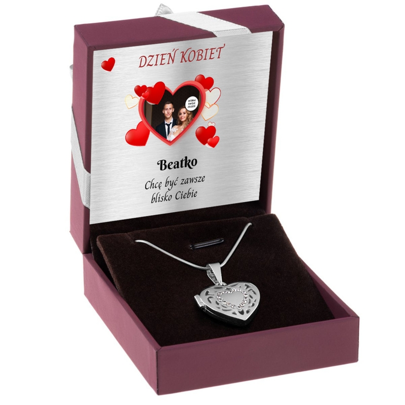 Sekretnik serce z kryształkami srebro 925 z grawerem i łańcuszkiem