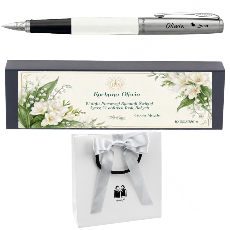 Pióro Parker z grawerem w pudełku z dedykacją – elegancki prezent na Pierwszą Komunię Świętą