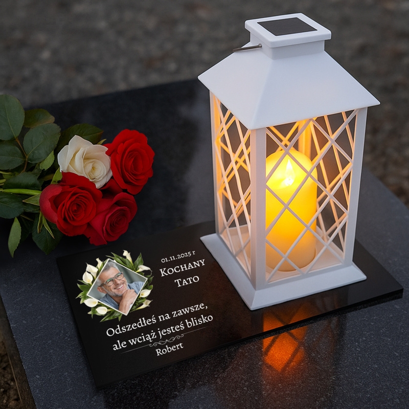 Zestaw nagrobny dla Taty: lampion solarny LED i nadruk UV