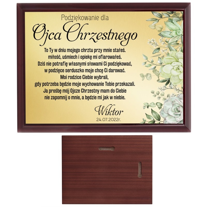 Image of Podziękowanie dla rodziców chrzestnych / Drewniany panel, złota tabliczka, dedykacja