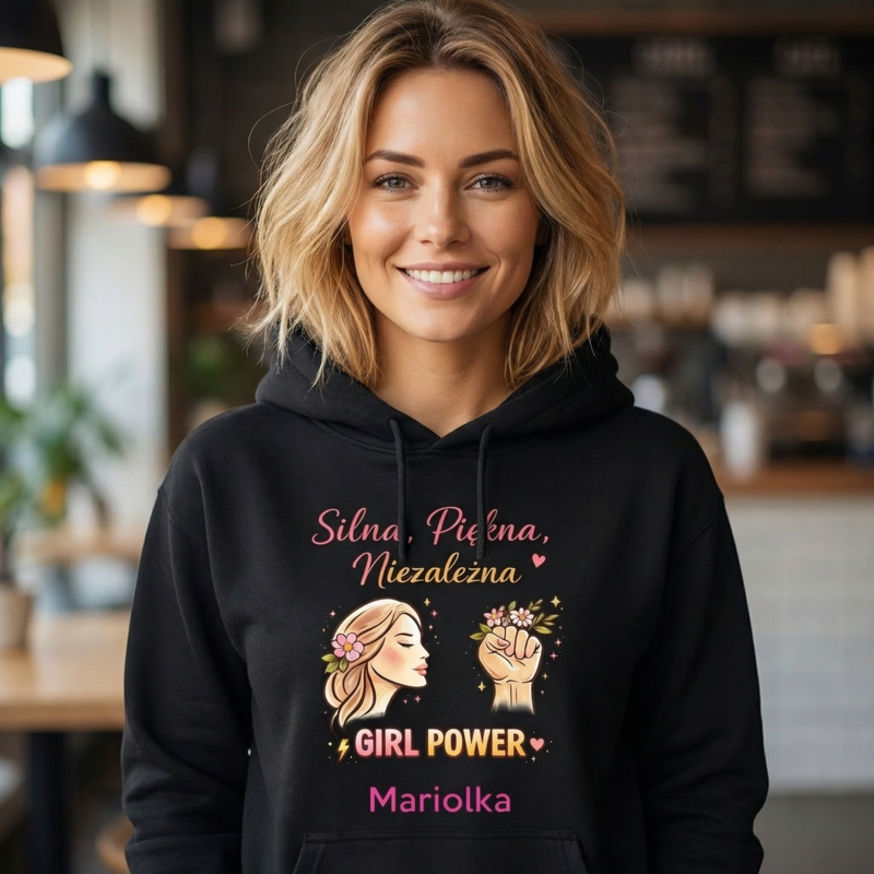 Czarna bluza z kapturem Girl Power – personalizowana z imieniem
