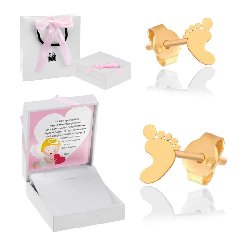 Prezent na roczek: złote kolczyki stópki 585 z dedykacją