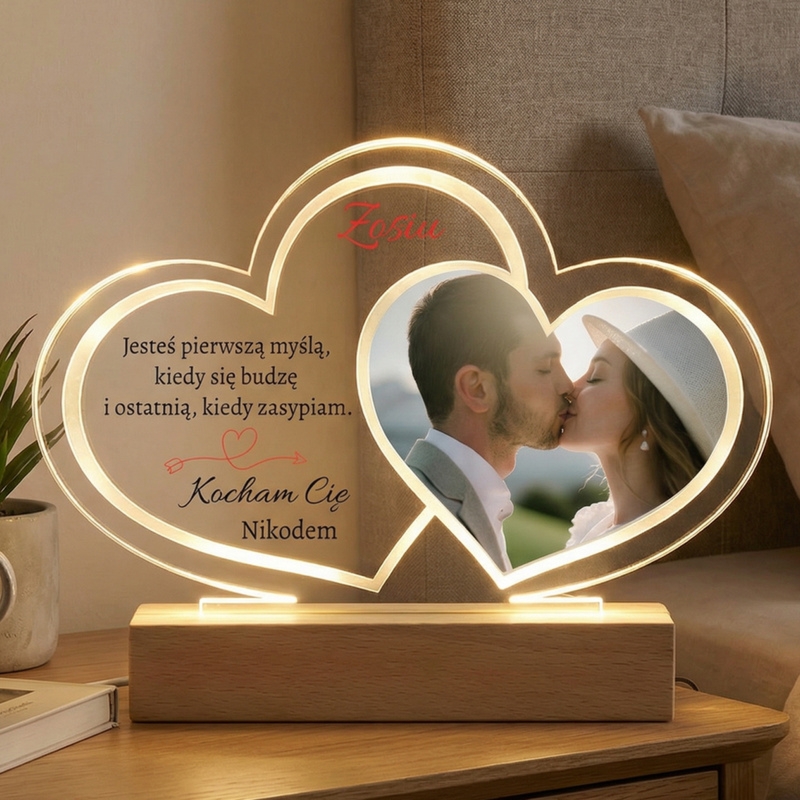Romantyczna lampka LED podwójne serce ze zdjęciami i nadrukiem UV