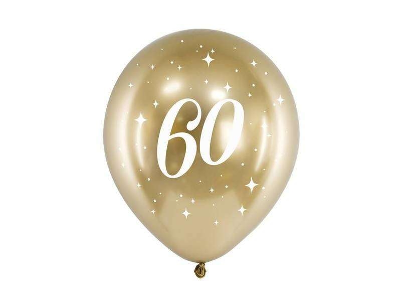 Image of Balony Glossy 60 urodziny, Złoty chrom, 30cm, 6 szt.