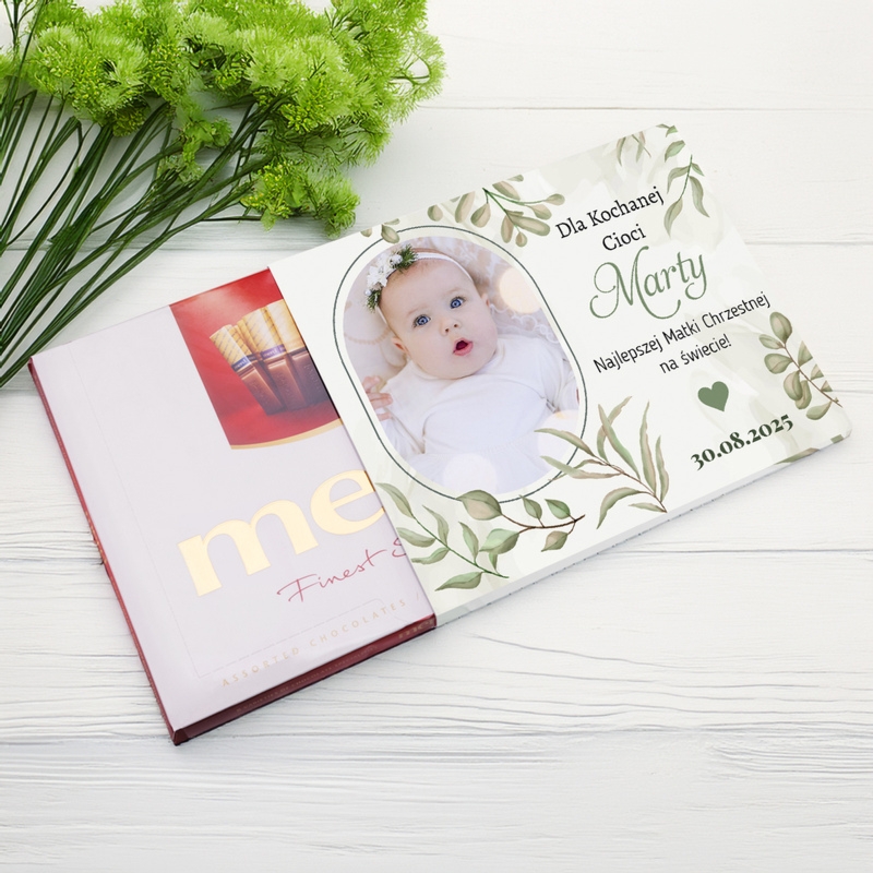 Merci z personalizowaną obwolutą – podziękowanie dla rodziców chrzestnych