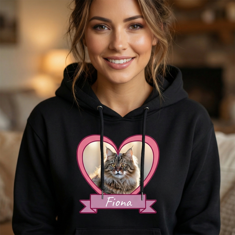 Personalizowana czarna bluza damska ze zdjęciem kota i imieniem
