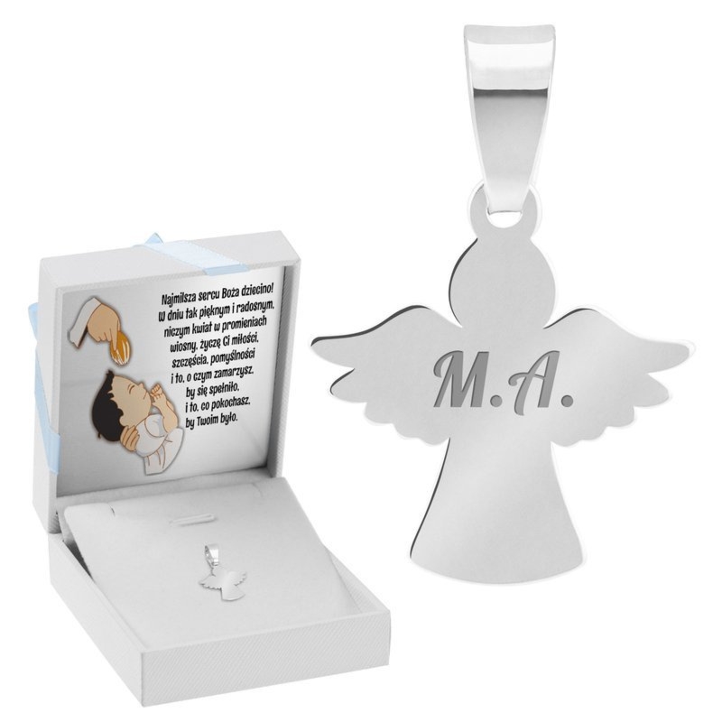 Na Chrzest srebrna zawieszka anioł 925 z grawerem i dedykacją