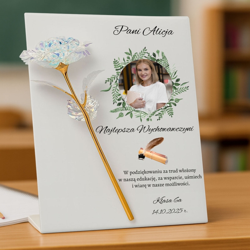 Złota róża na akrylowej tabliczce z dedykacją Personalizacja