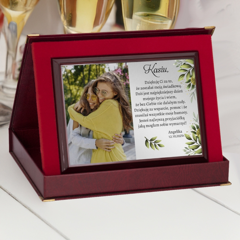 Podziękowania dla świadków / Drewniany panel, srebrna tabliczka, etui, dedykacja