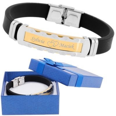 Męska bransoletka kauczukowa 316L ze złotą blaszką z grawerem