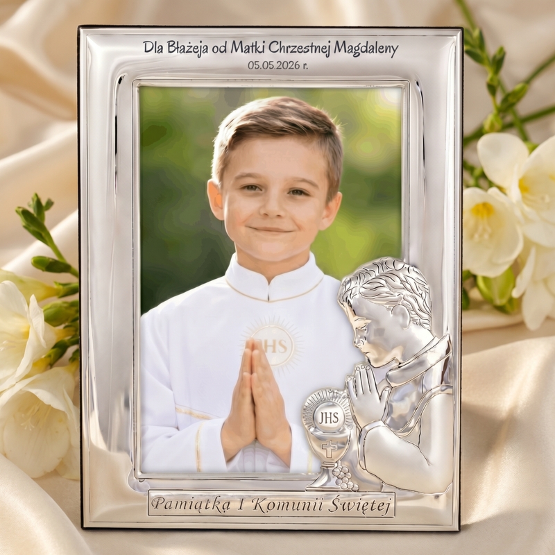 Ramka na zdjęcie / I Komunia Święta / Prezent dla Chłopca / Własny Grawer / Stal posrebrzana