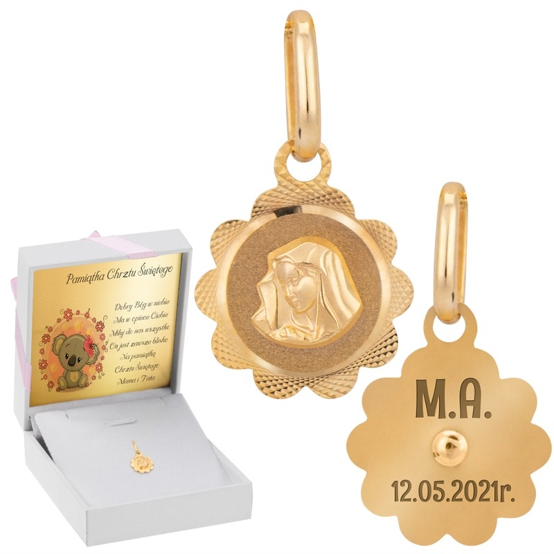 Image of Złoty medalik Matka Boska z Grawerem i Dedykacją / pr. 585 / różowa kokardka