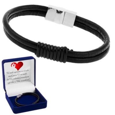 Bransoletka stal 316L z lakierowanym rzemykiem i dedykacją