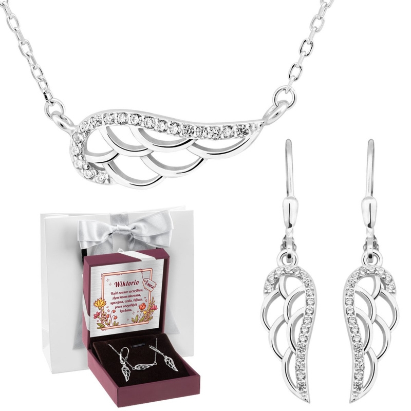 Srebrny komplet naszyjnik + kolczyki skrzydło z cyrkoniami Dedykacja