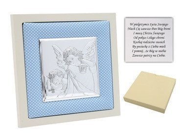 Image of Obrazek srebrny Anioł Stróż w niebieskiej ramce pamiątka chrztu na chrzest z Dedykacją