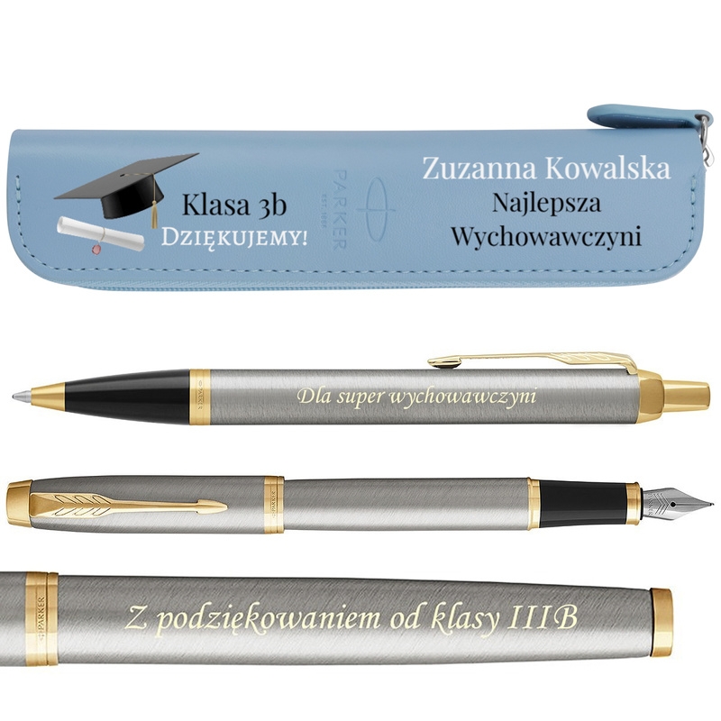 Image of Zestaw Parker IM Brushed GT Pióro Wieczne + Długopis + Etui z Nadrukiem UV