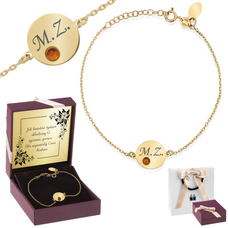 Bransoletka pozłacana z bursztynem 925 z grawerem inicjałów