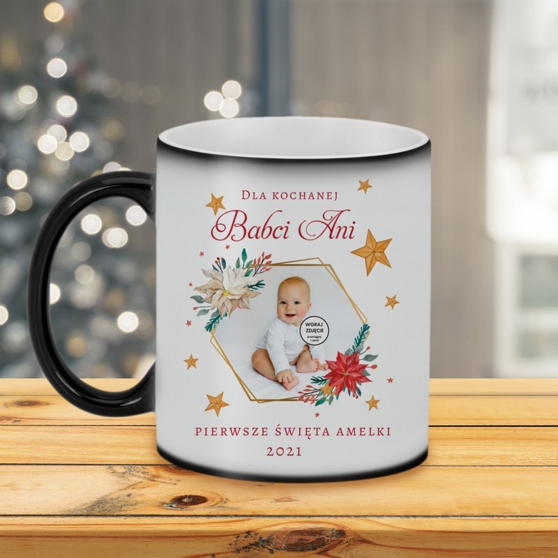 Magiczny kubek świąteczny matowy z imieniem i zdjęciem w ramce