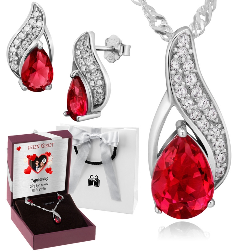 Komplet: naszyjnik i kolczyki z rubinową cyrkonią, dedykacja