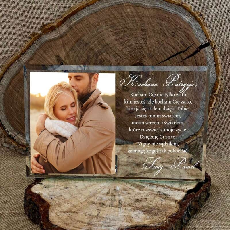 Szklana statuetka ramka z kolorowym nadrukiem zdjęcia i tekstu