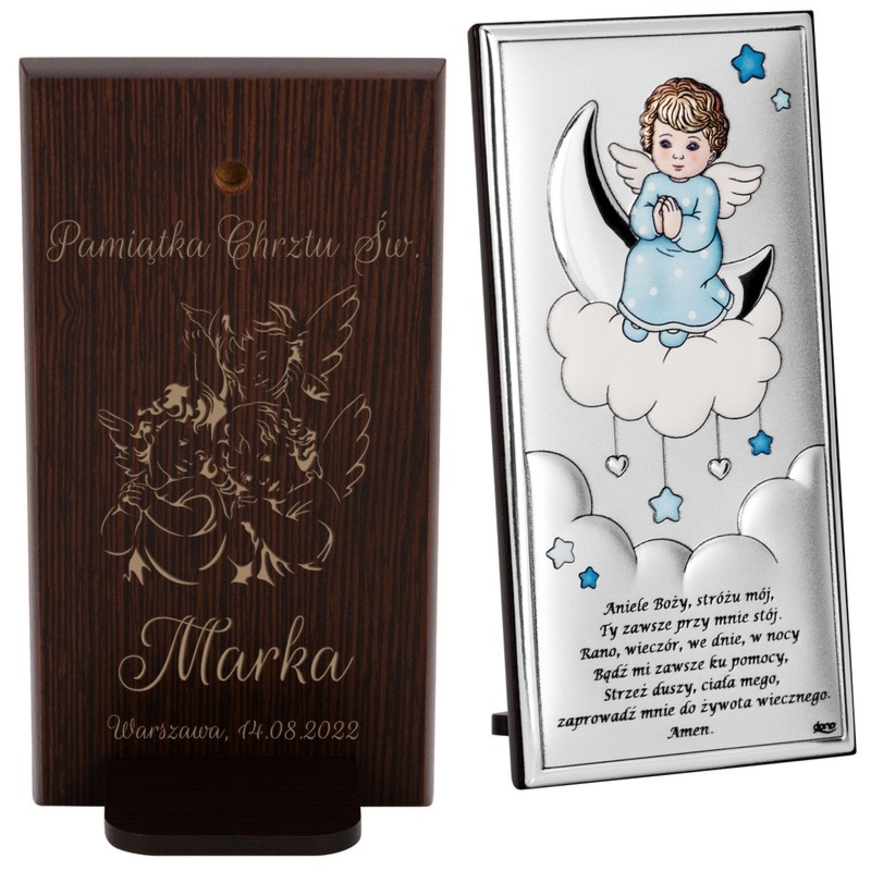 Pamiątka Chrztu dla chłopca: obrazek Aniołek PVD z grawerem