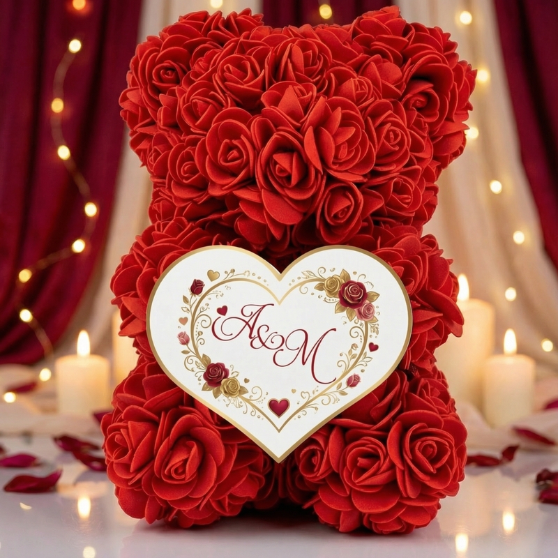 Miś z czerwonych róż z sercem i inicjałami – personalizowany prezent na Walentynki dla Zakochanych