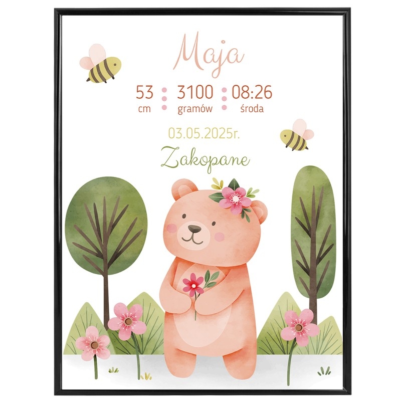 Image of Plakat na Narodziny Dziecka / Metryczka / Prezent na Baby Shower / Personalizacja / Miś / Szkło