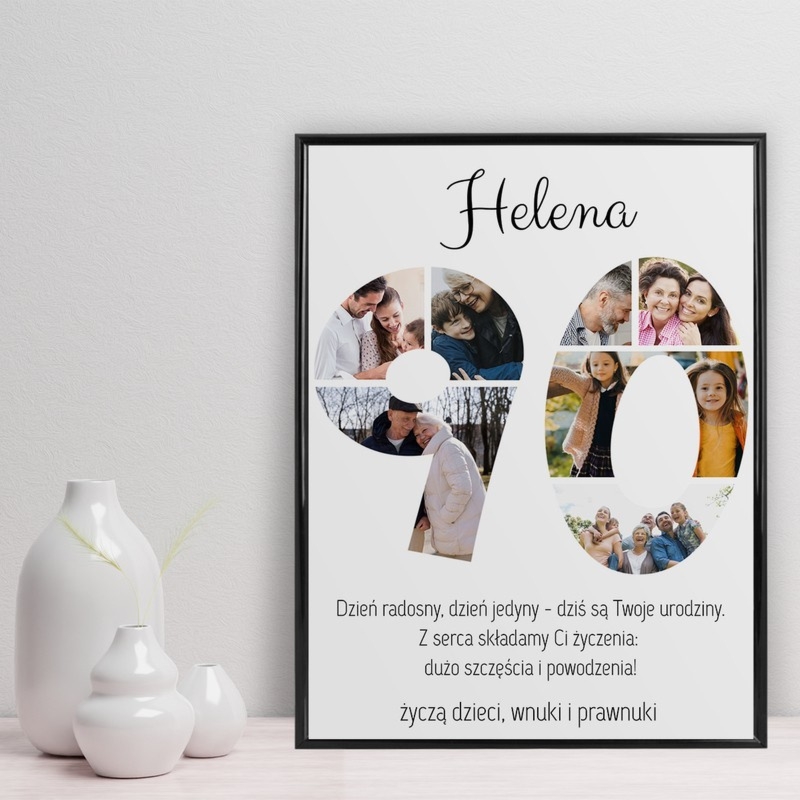 Plakat na 90 urodziny ze zdjęciem, życzeniami i imieniem jubilata