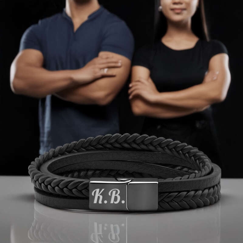 Bransoletka warkocz z ekoskóry na walentynki, z grawerem