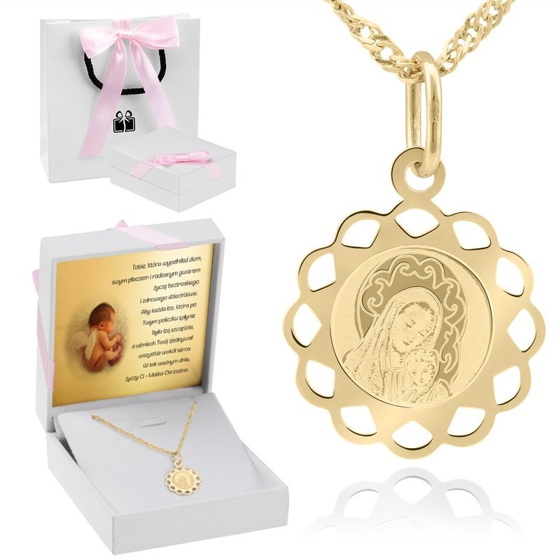 Image of Złoty medalik okrągły ażurowy Matka Boska z Dzieciątkiem DEDYKACJA różowa kokardka