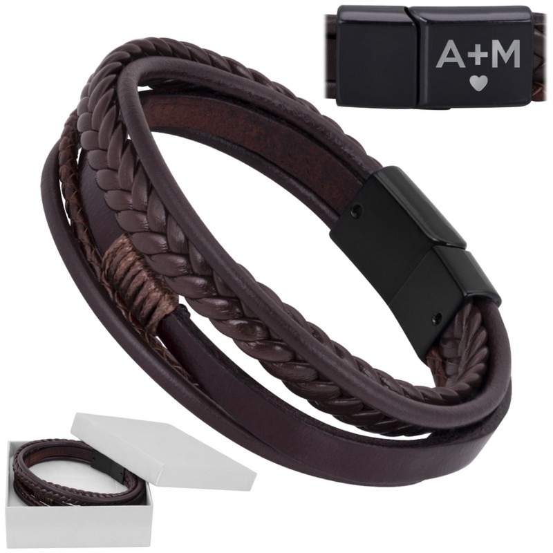 Brązowa bransoletka męska z ekoskóry z grawerem na urodziny