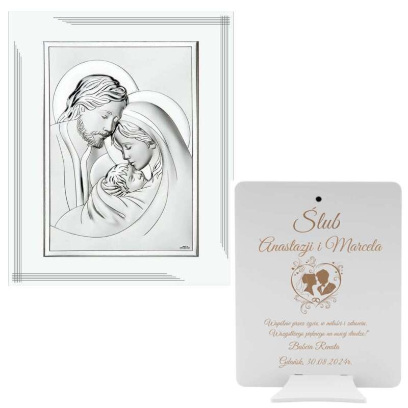 Srebrny obrazek Święta Rodzina na jasnym drewnie z grawerem