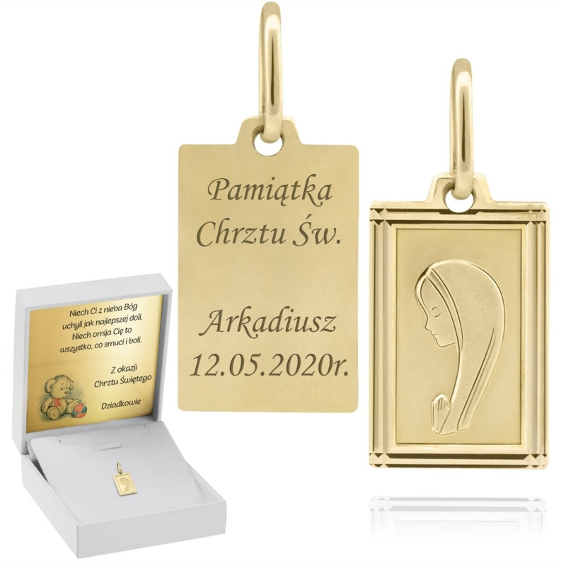 Złoty medalik z Matką Boską w ramce pr. 585 Grawer