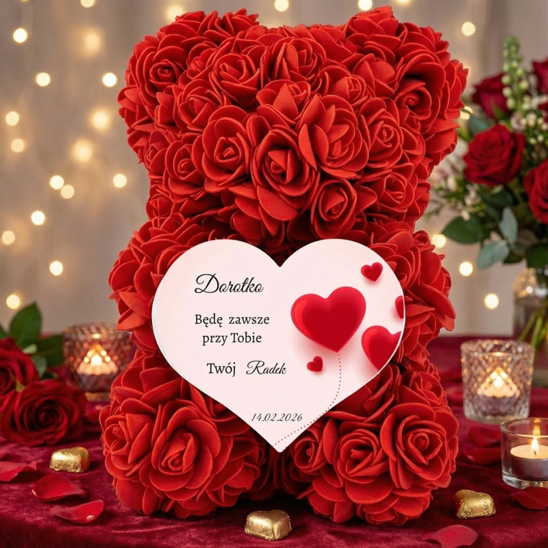 Miś z czerwonych róż z sercem – personalizowany prezent na Walentynki