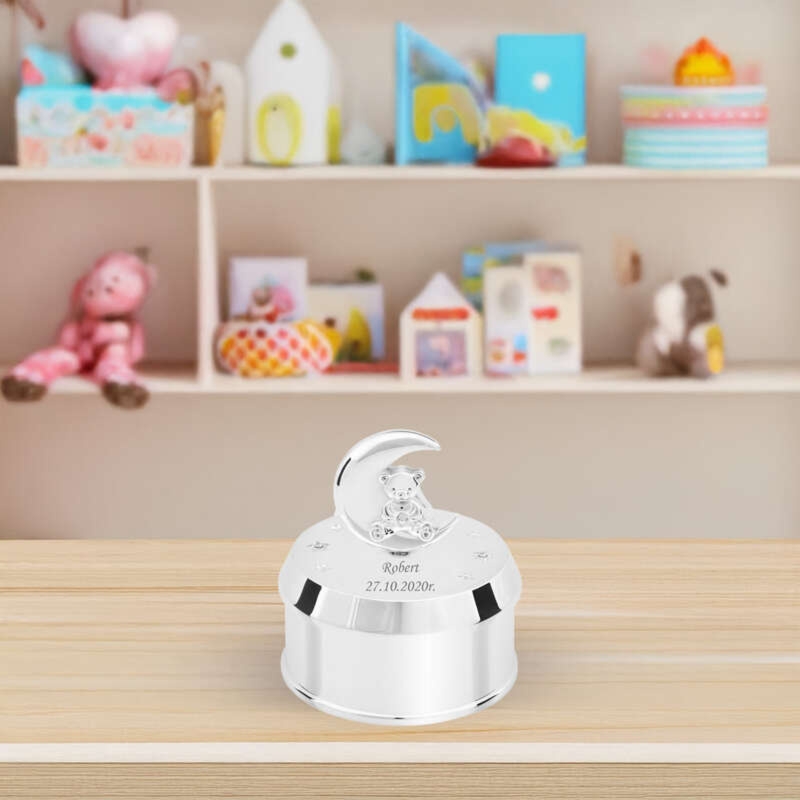 Na Chrzest Pozytywka Miś na księżycu, cyrkonie i gwiazdki, z grawerem