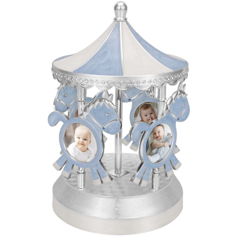 Błękitna pozytywka karuzela retro z ramkami na zdjęcia na Chrzest