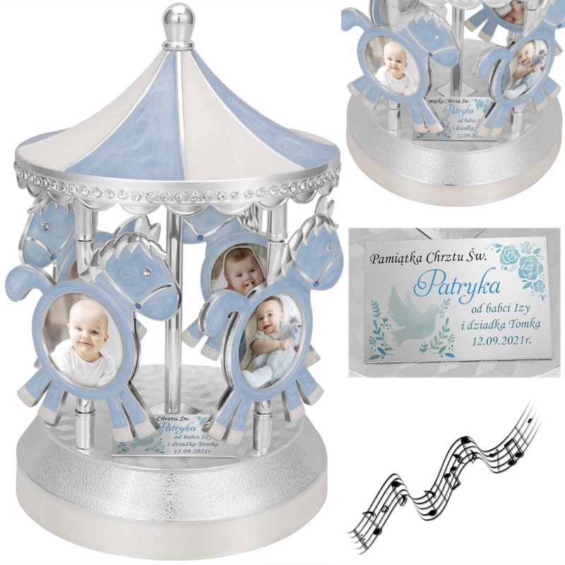Błękitna pozytywka karuzela na Chrzest z ramkami i dedykacją