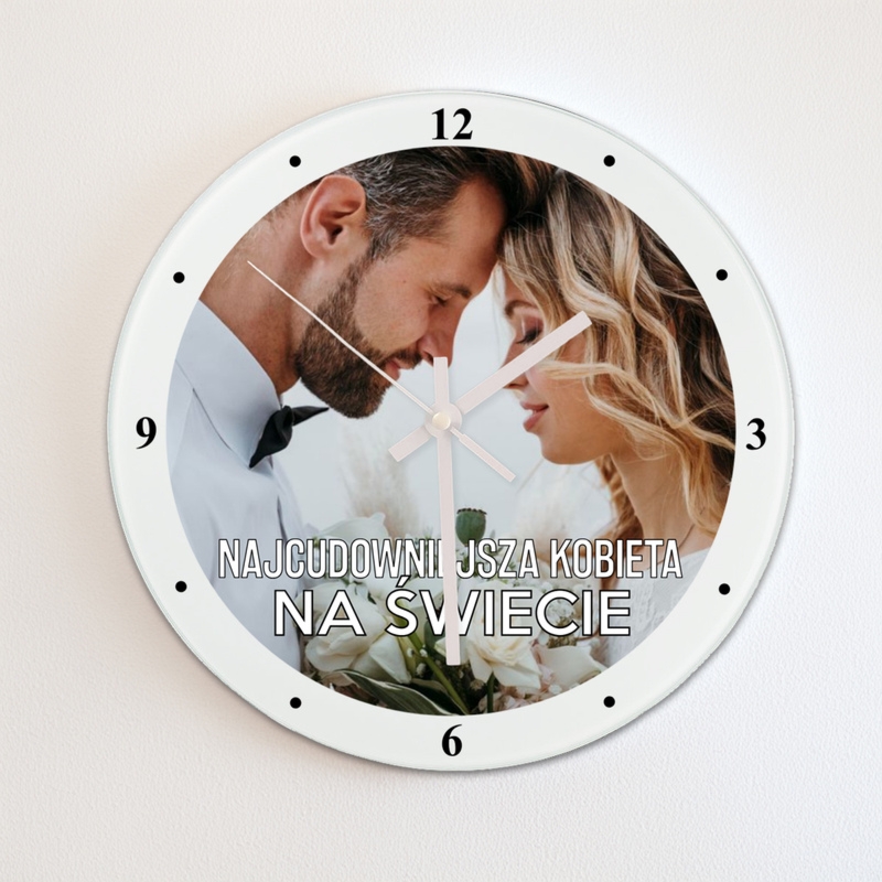 Na Walentynki szklany zegar ścienny z własnym zdjęciem i napisem