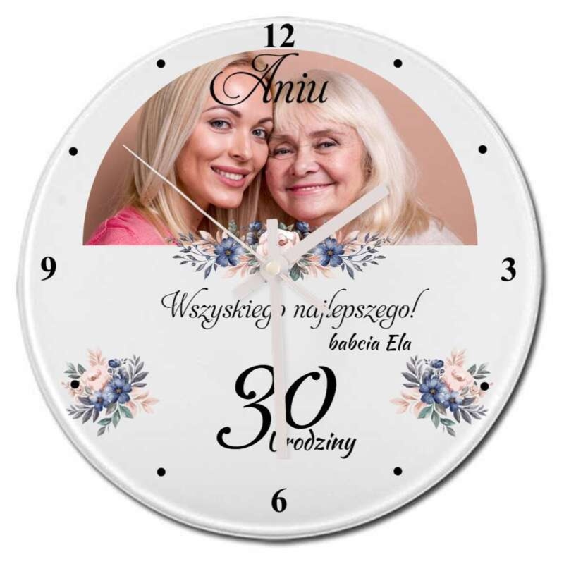 Urodzinowy okrągły szklany zegar z personalizacją UV – Zdjęcie