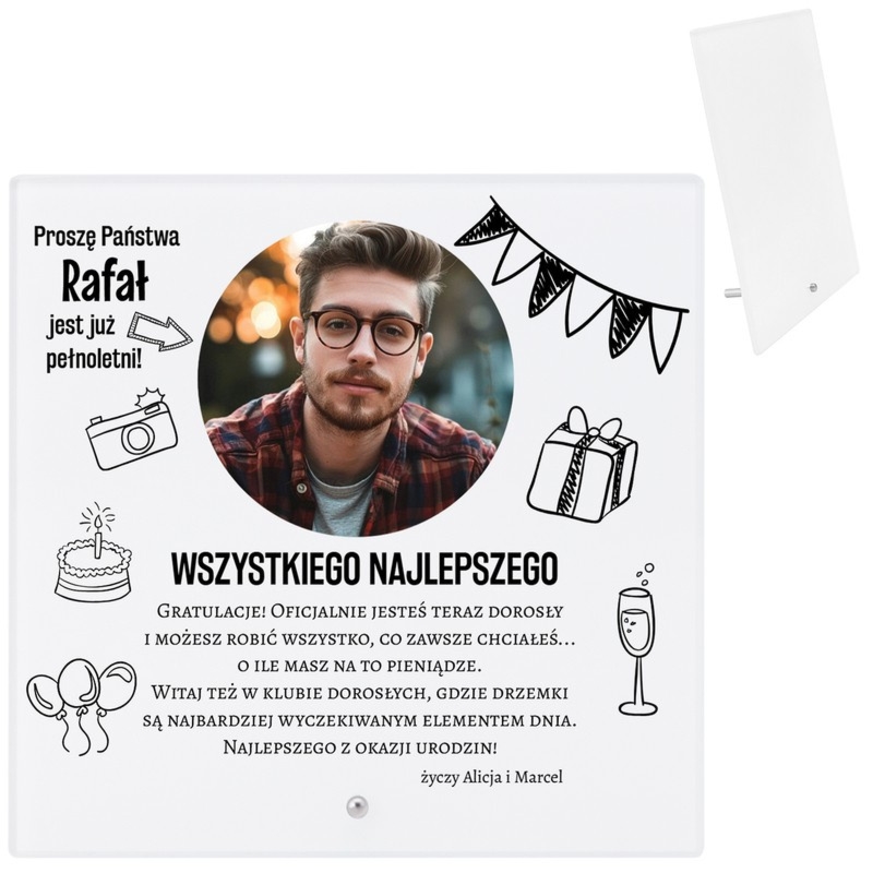 Szklana ramka na urodziny z personalizacją i zdjęciem lub grafiką