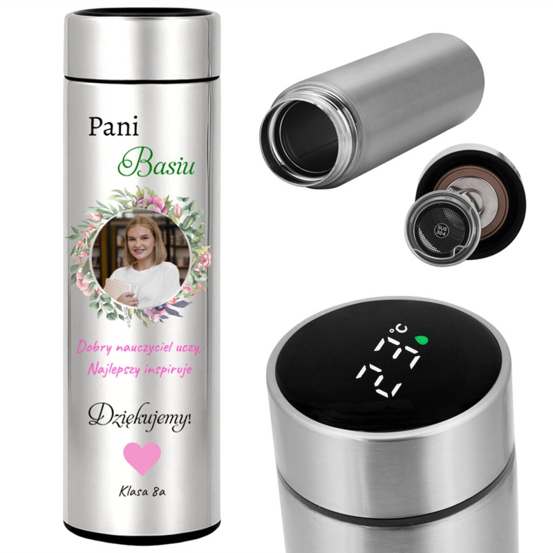 Kubek termiczny z LED – personalizacja UV dla nauczyciela, kwiaty