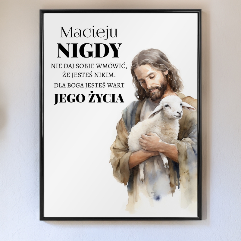 Obraz religijny w ramie 40x30 cm – Plakat z cytatem biblijnym + aluminiowa ramka ze szkłem
