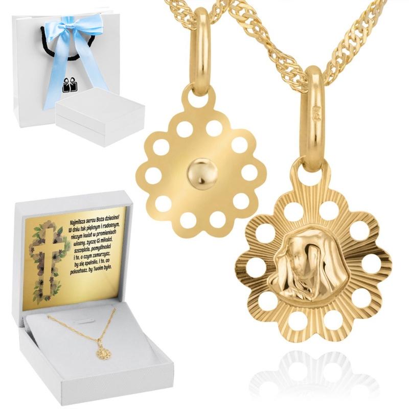 Złoty medalik z łańcuszkiem próba 585 z wizerunkiem Matki Boskiej Chrzest Komunia Bierzmowanie
