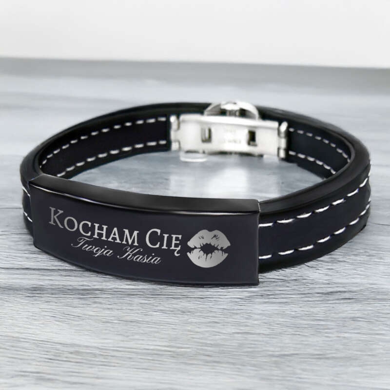 Bransoletka męska 316L i kauczuk, czarna, z grawerem w pudełku