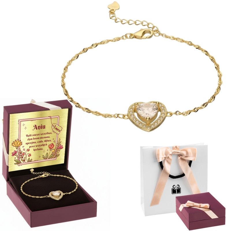 Bransoletka serce pozłacana 24K – srebro 925 z cyrkoniami + personalizowane pudełko prezentowe