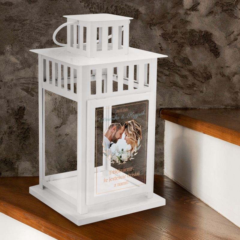 Personalizowany lampion ślubny ze zdjęciem – biała latarenka z nadrukiem UV