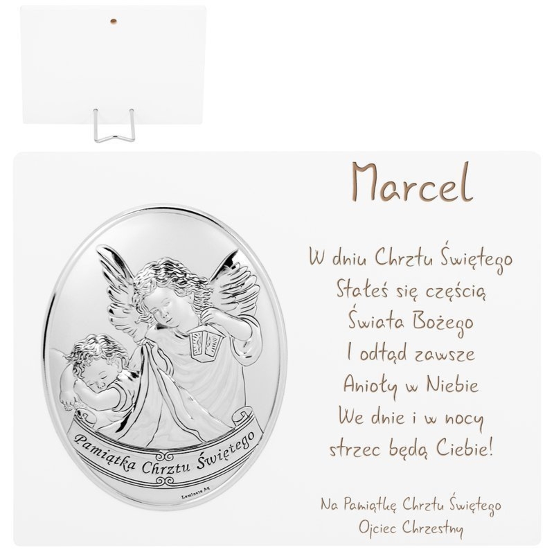 Obrazek na chrzest Anioł Stróż srebrny z grawerem Valenti