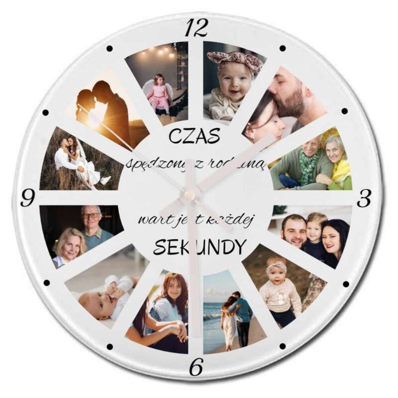 Zegar ścienny ze szkła na 12 zdjęć z personalizacją dla rodziny